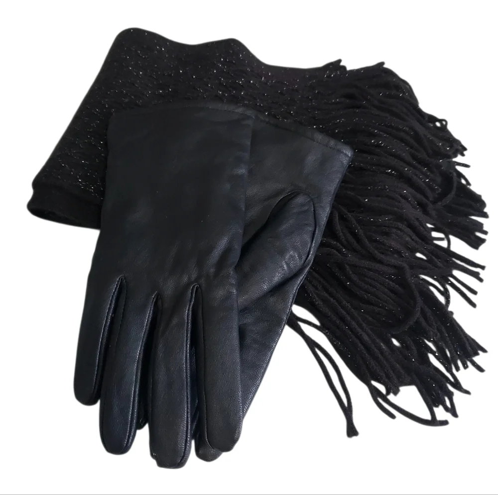 Women's Leather Black Gloves / Black Metallic Scarf